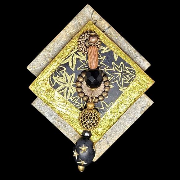 Vintage 80s Black & Gold Iridescent Dangle Brooch Pin – Chic Statement Accessory - Picture 1 of 7